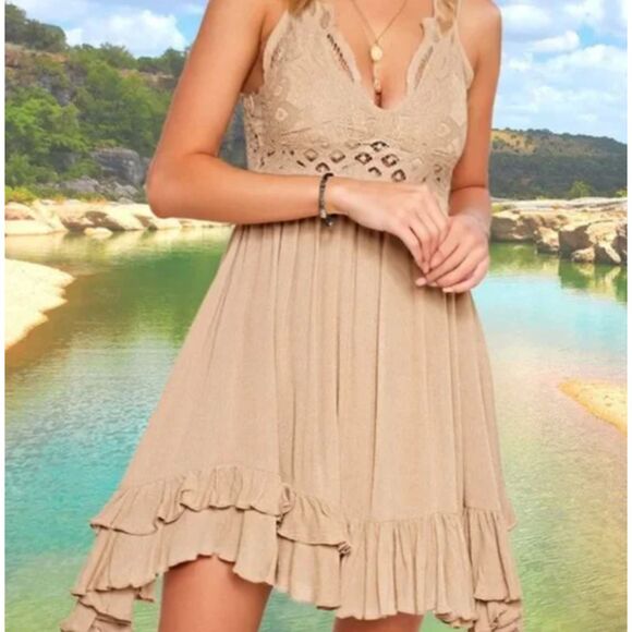 ~ Boho Sundress Le Miel Crochet Med Beachy Tan Mini Slip Dress Layered Bralette - Picture 1 of 16